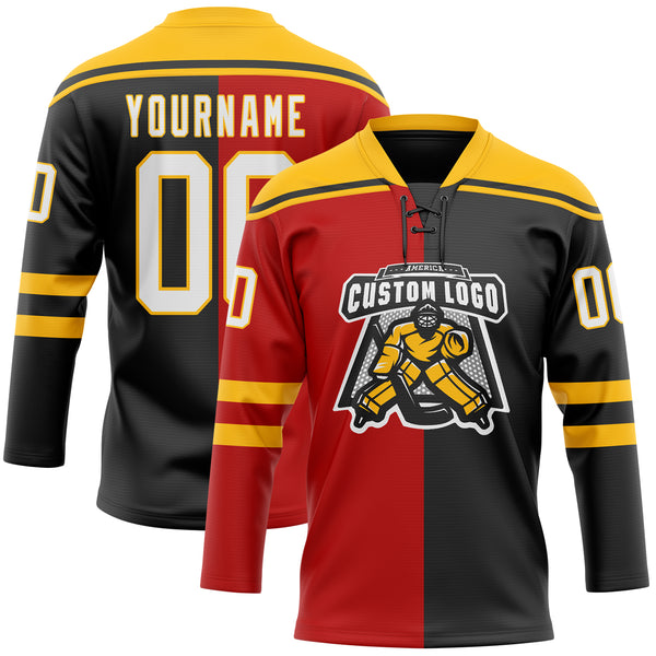 Custom Black White Red-Gold Split Fashion Hockey Lace Neck Jersey