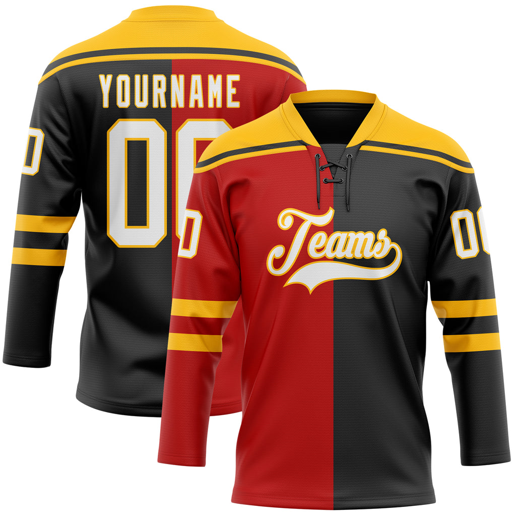 Custom Black White Red-Gold Split Fashion Hockey Lace Neck Jersey