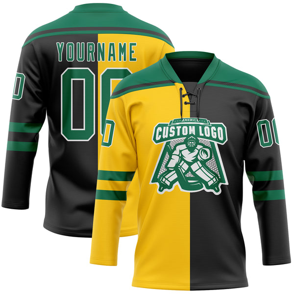 Custom Black Kelly Green Yellow-White Split Fashion Hockey Lace Neck Jersey