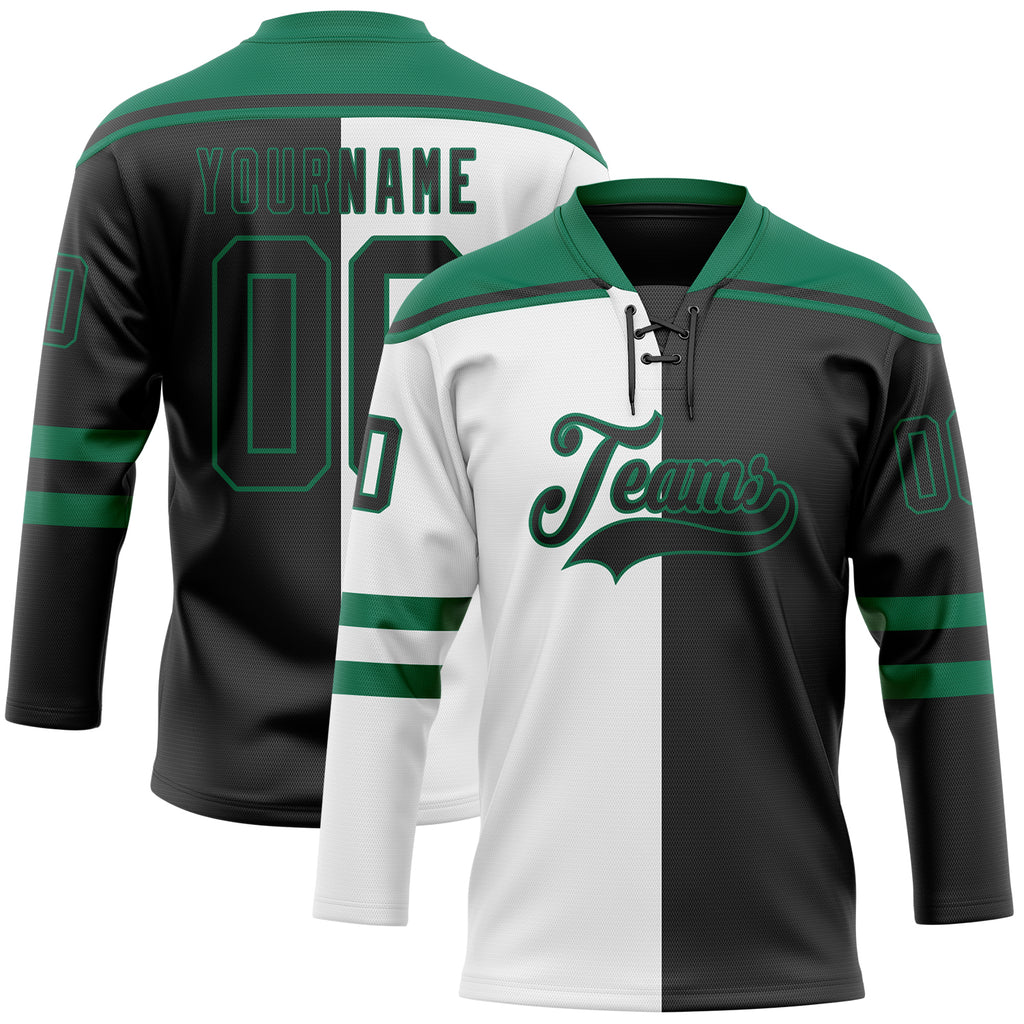 Custom Black Kelly Green-White Split Fashion Hockey Lace Neck Jersey