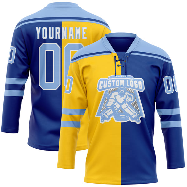 Custom Royal Light Blue Yellow-White Split Fashion Hockey Lace Neck Jersey