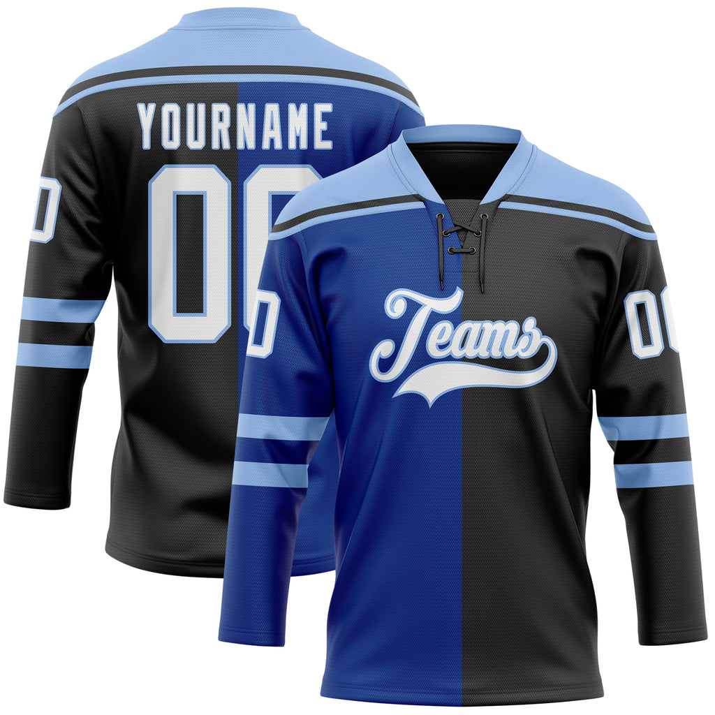 Custom Black White Royal-Light Blue Split Fashion Hockey Lace Neck Jersey