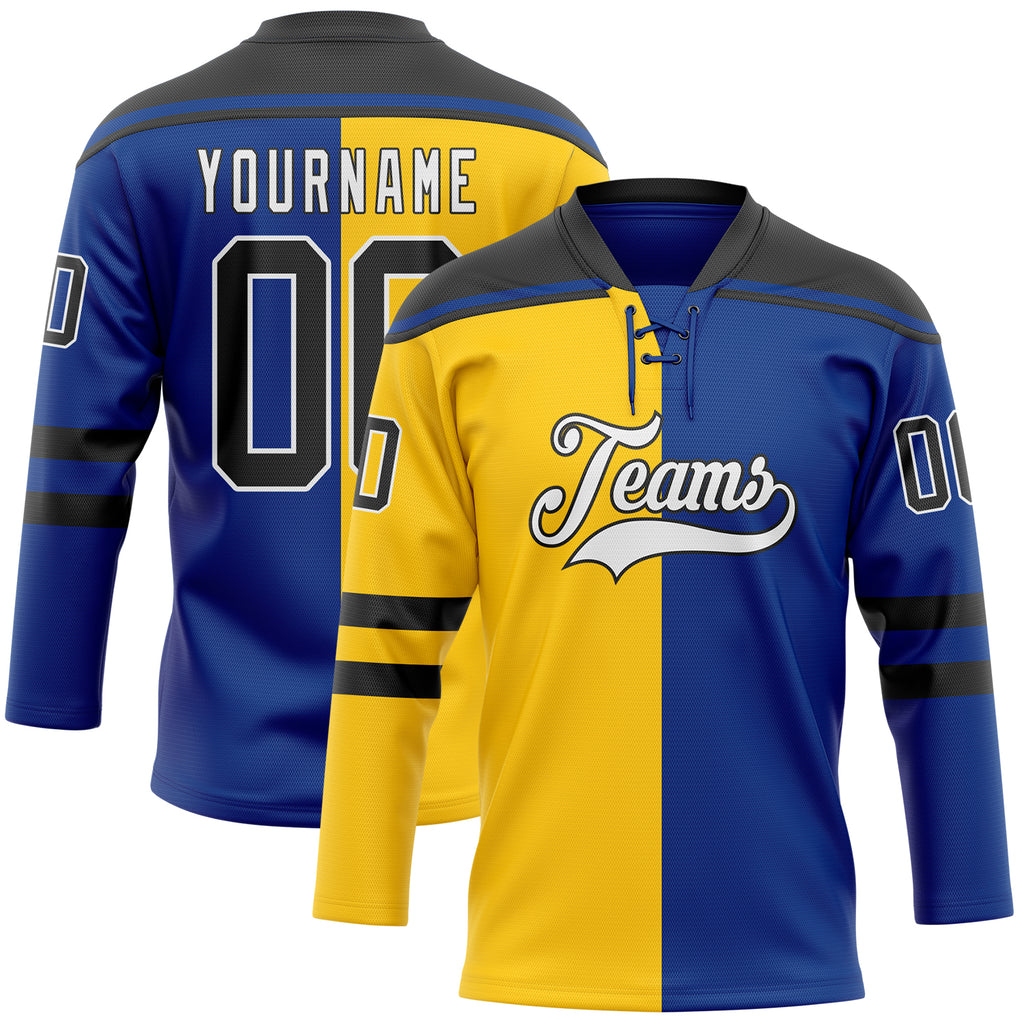 Custom Royal Black Yellow-White Split Fashion Hockey Lace Neck Jersey