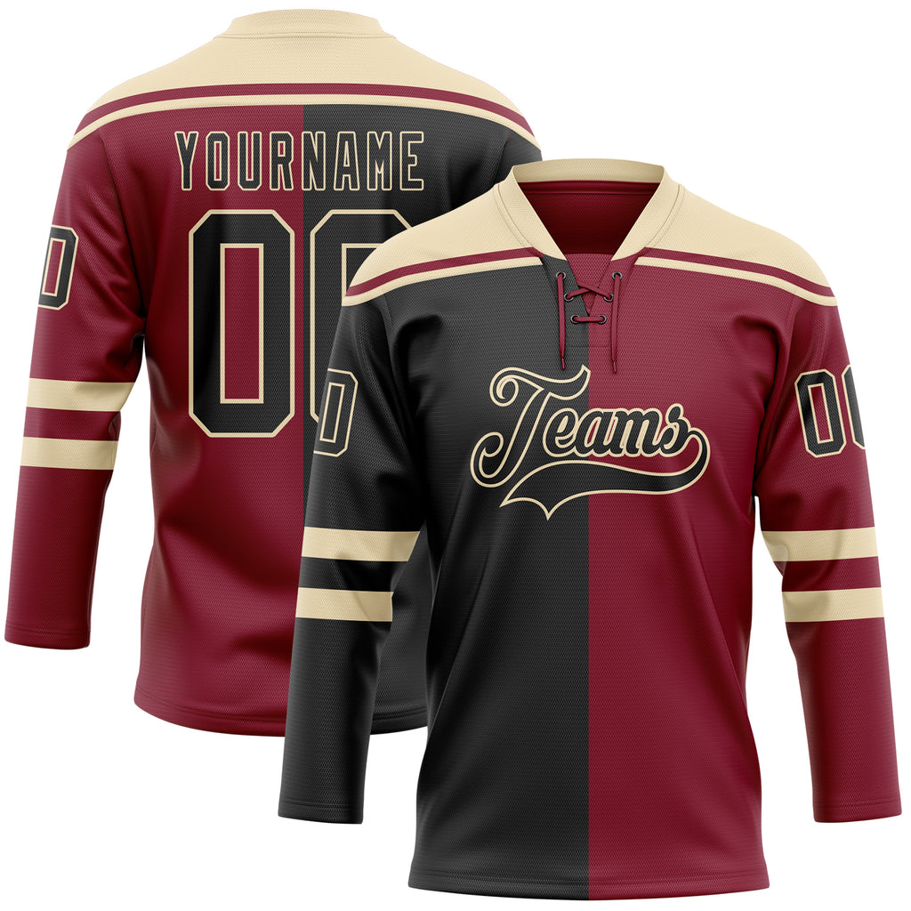 Custom Crimson Black-Cream Split Fashion Hockey Lace Neck Jersey