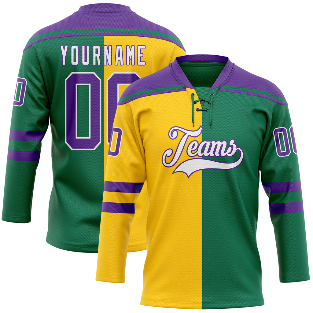 Custom Kelly Green Purple Yellow-White Split Fashion Hockey Lace Neck Jersey
