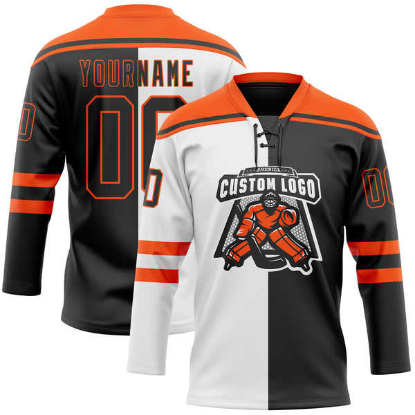 Custom Black Orange-White Split Fashion Hockey Lace Neck Jersey
