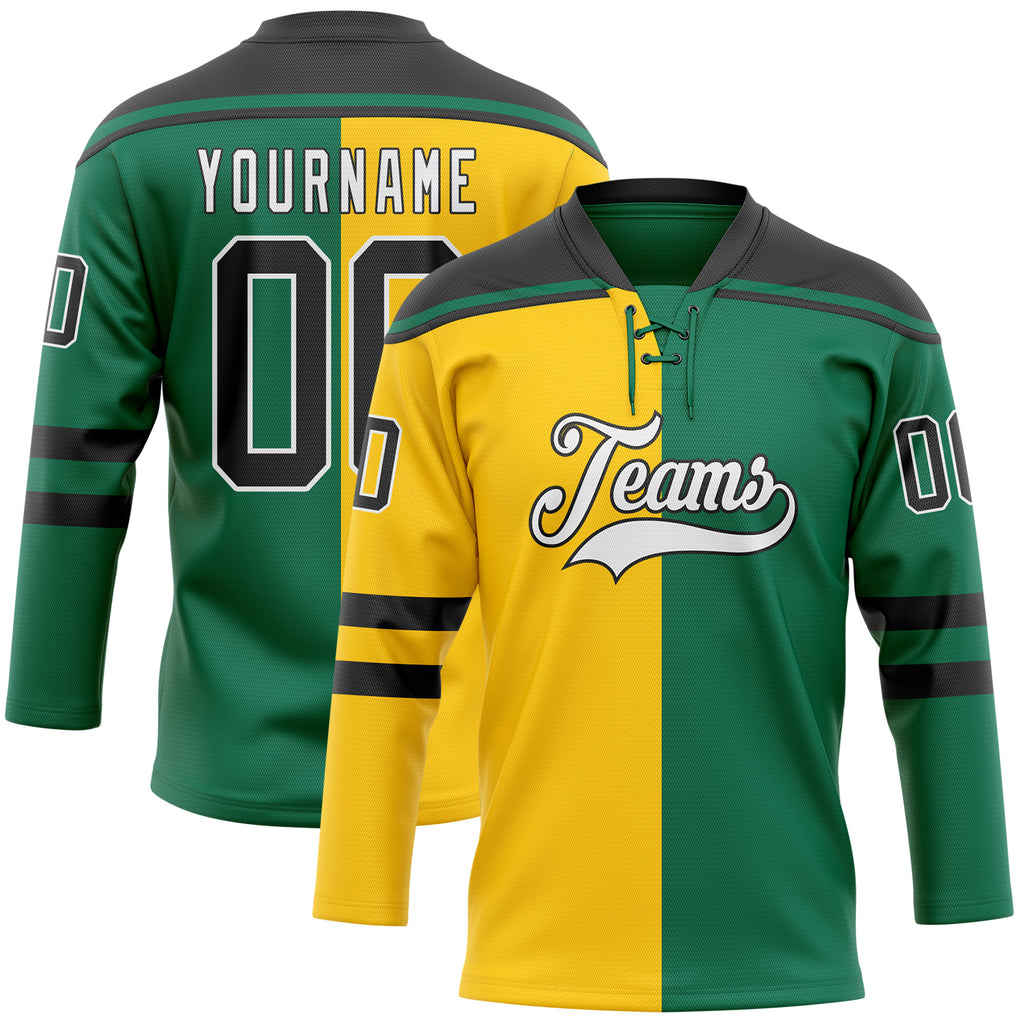 Custom Kelly Green Black Yellow-White Split Fashion Hockey Lace Neck Jersey