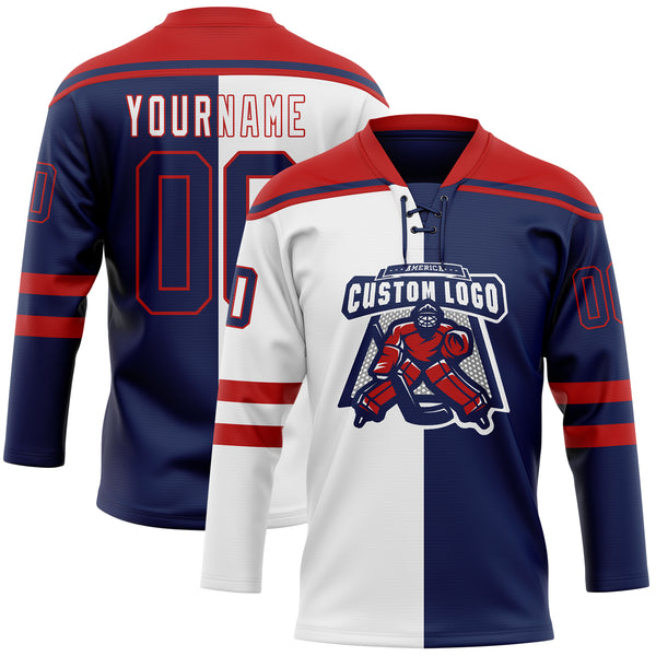 Custom Navy Red-White Split Fashion Hockey Lace Neck Jersey