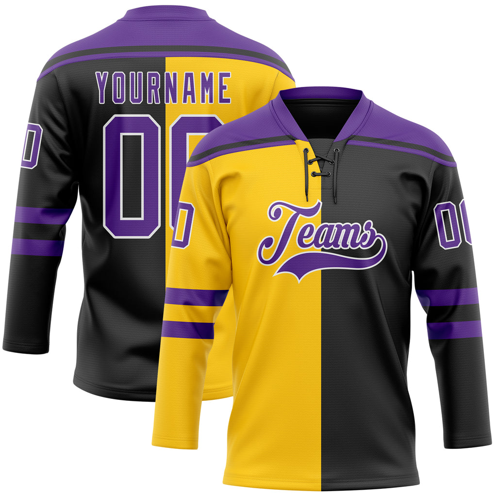 Custom Black Purple Yellow-White Split Fashion Hockey Lace Neck Jersey
