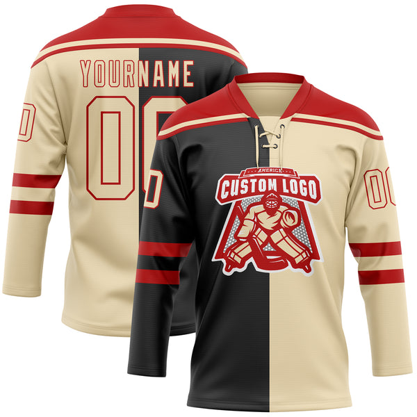 Custom Cream Black-Red Split Fashion Hockey Lace Neck Jersey