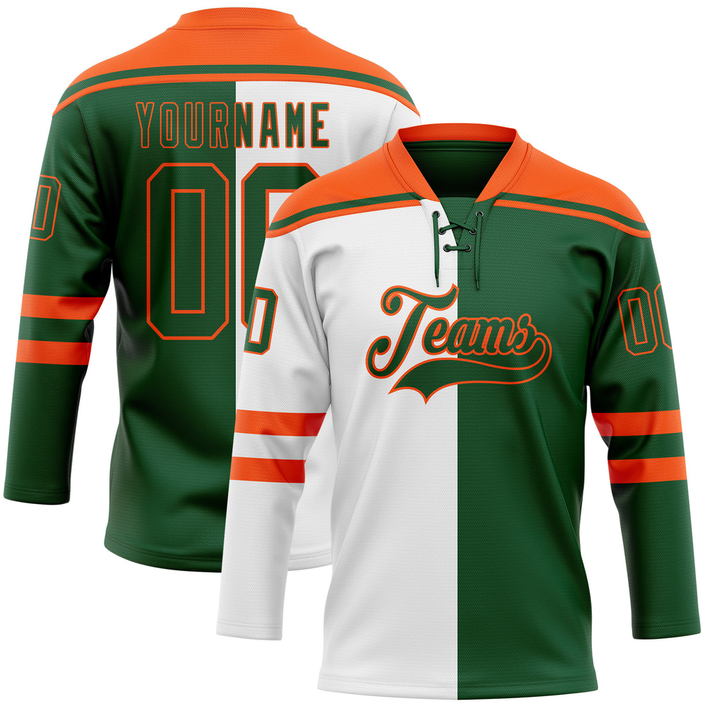 Custom Green Orange-White Split Fashion Hockey Lace Neck Jersey