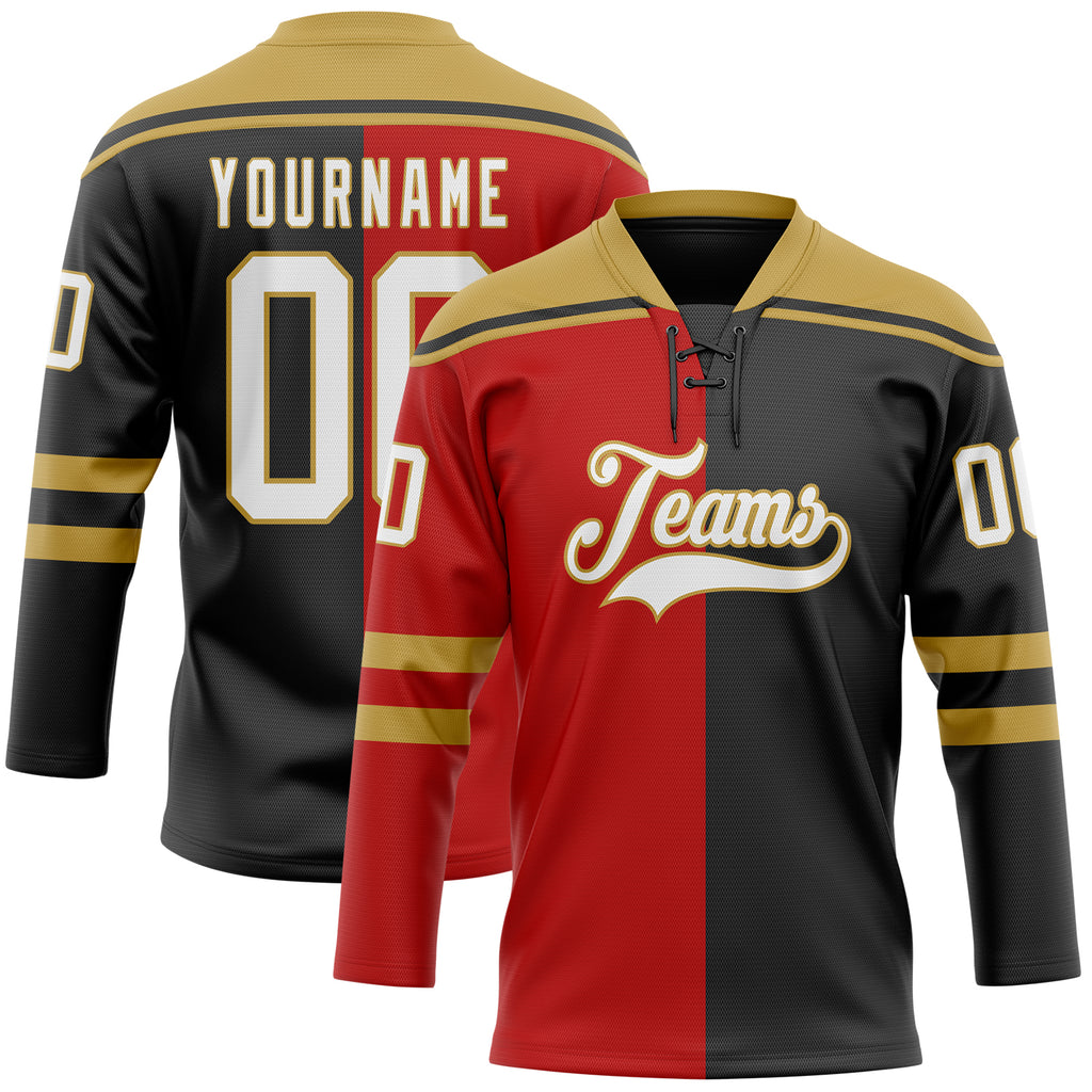 Custom Black White Red-Old Gold Split Fashion Hockey Lace Neck Jersey