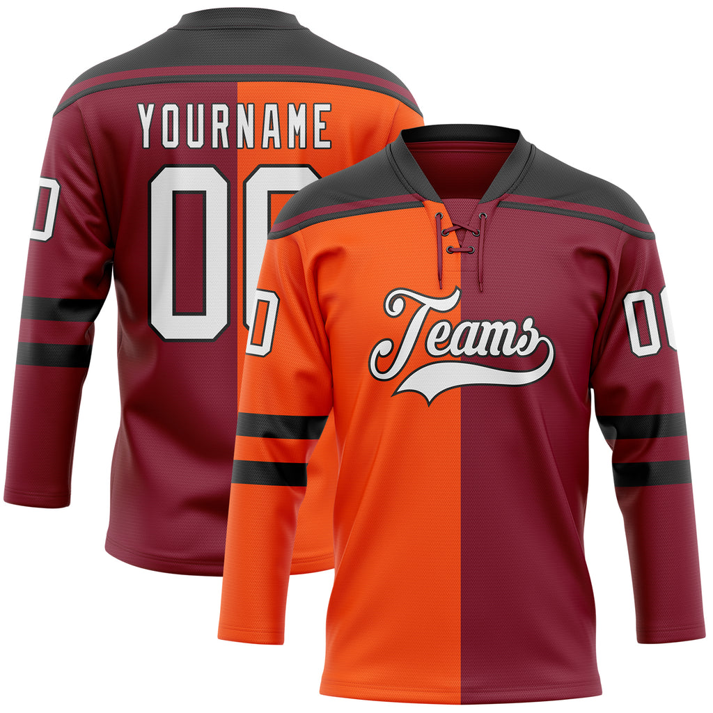 Custom Crimson White Orange-Black Split Fashion Hockey Lace Neck Jersey