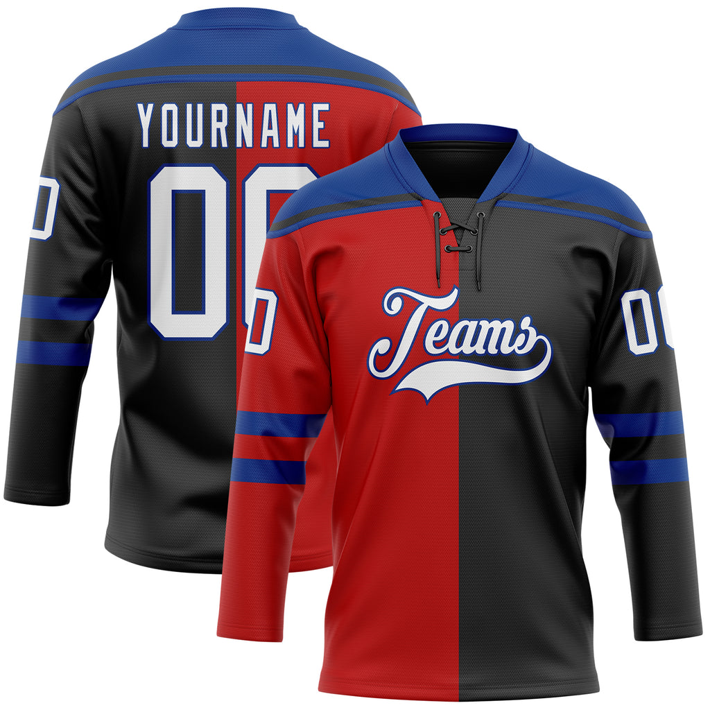 Custom Black White Red-Royal Split Fashion Hockey Lace Neck Jersey