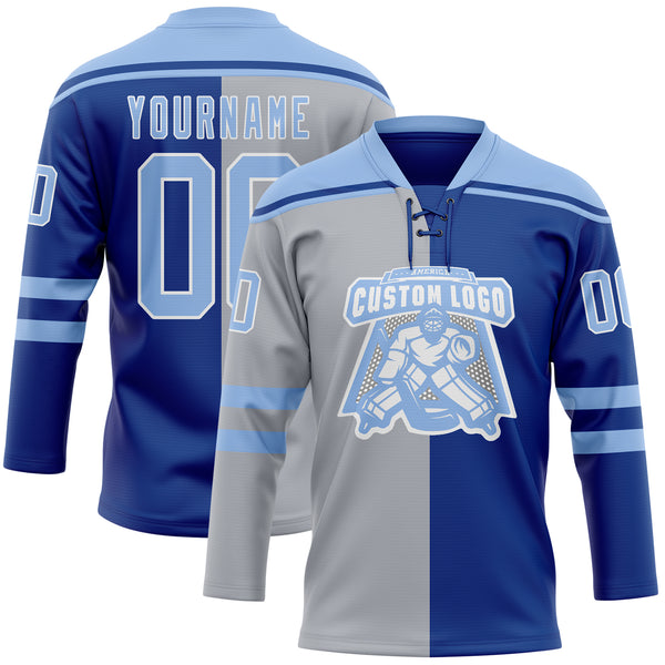Custom Royal Light Blue Gray-White Split Fashion Hockey Lace Neck Jersey