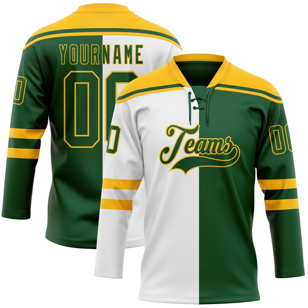 Custom Green Gold-White Split Fashion Hockey Lace Neck Jersey
