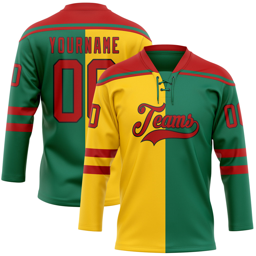 Custom Kelly Green Red Yellow-Black Split Fashion Hockey Lace Neck Jersey