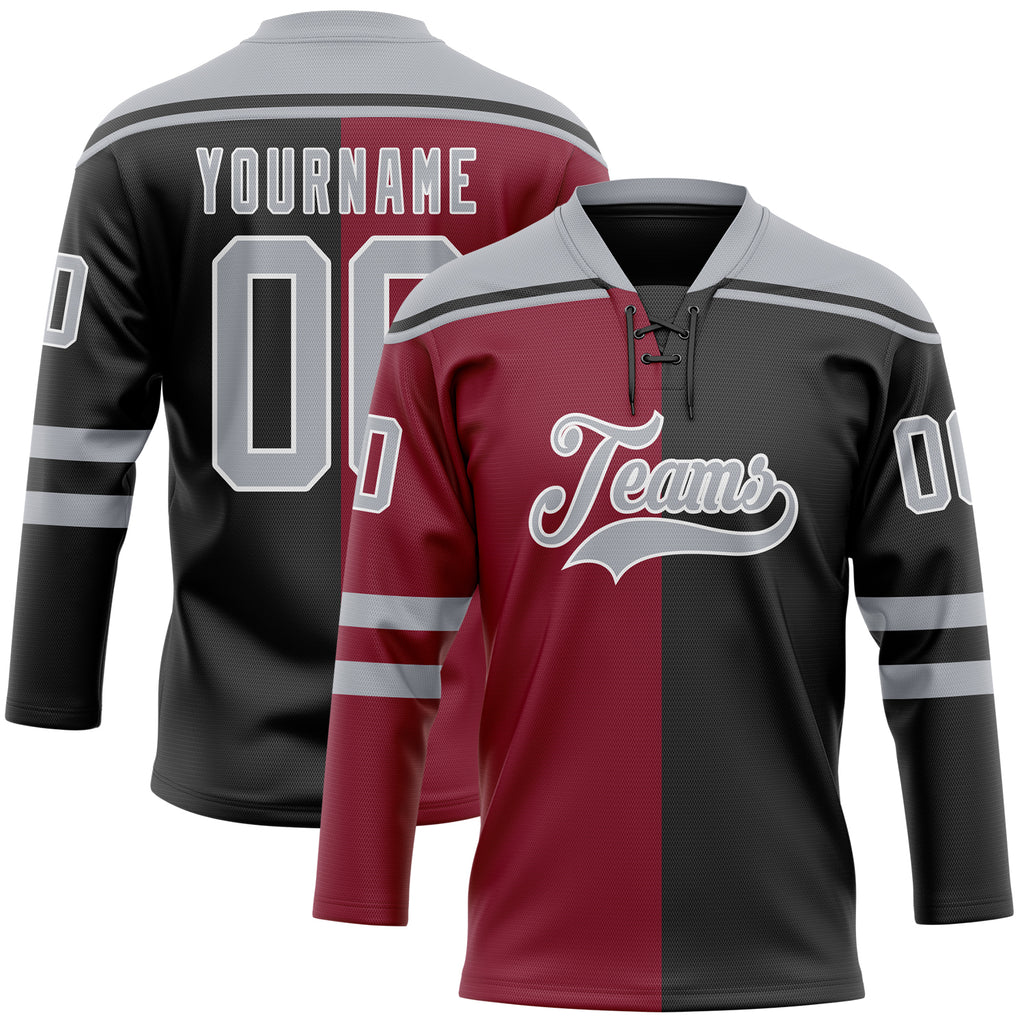 Custom Black Gray Crimson-White Split Fashion Hockey Lace Neck Jersey