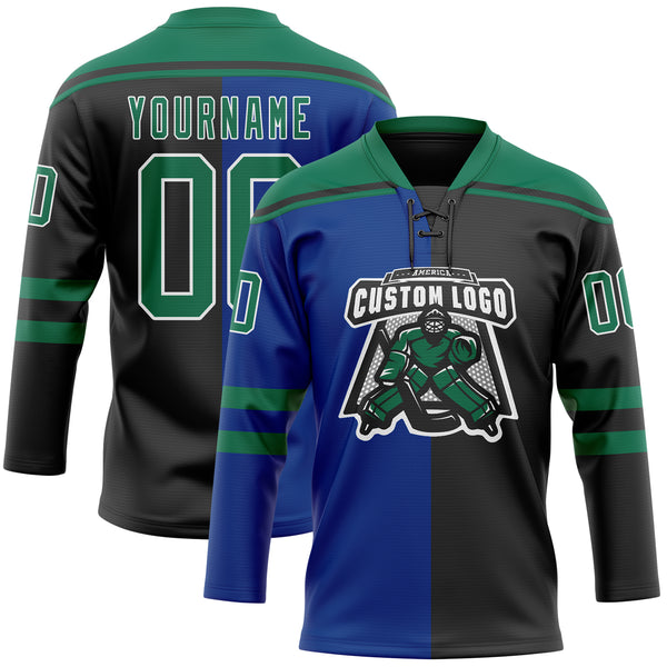 Custom Black Kelly Green Royal-White Split Fashion Hockey Lace Neck Jersey