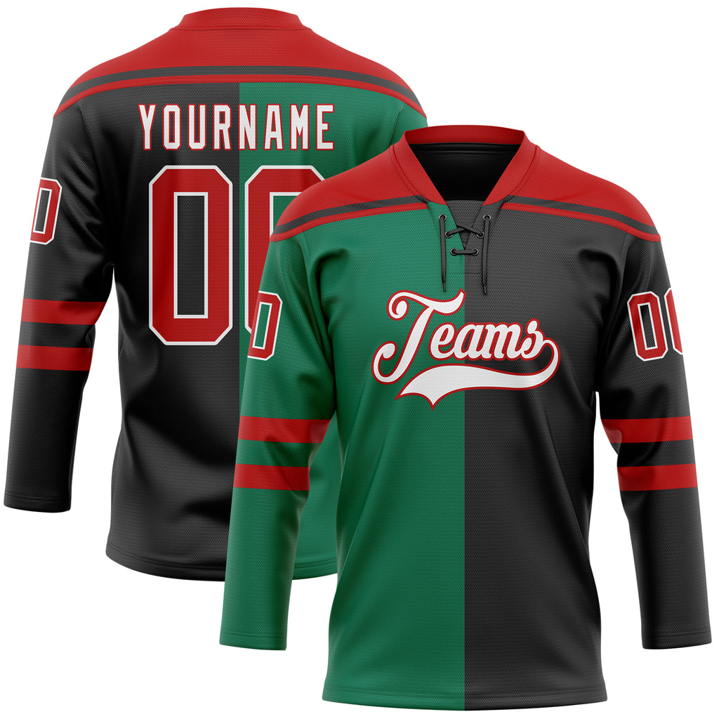 Custom Black Red Kelly Green-White Split Fashion Hockey Lace Neck Jersey