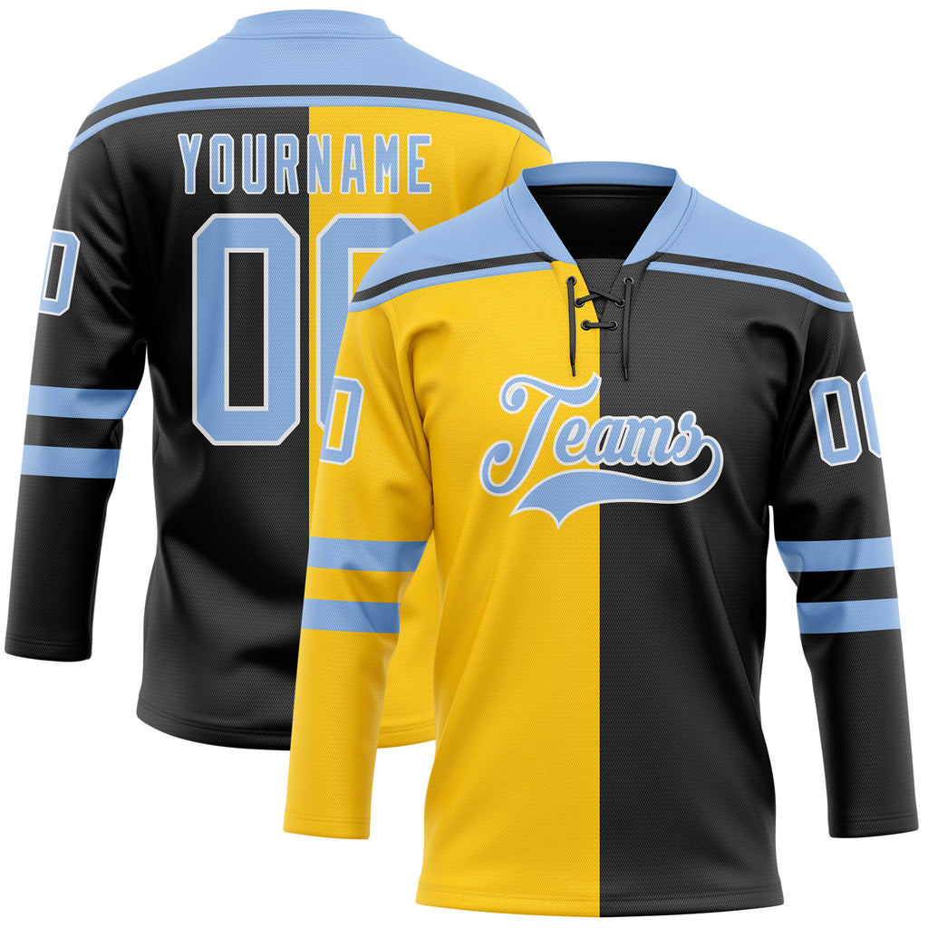 Custom Black Light Blue Yellow-White Split Fashion Hockey Lace Neck Jersey