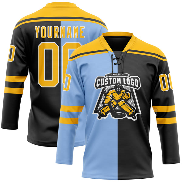 Custom Black Gold Light Blue-White Split Fashion Hockey Lace Neck Jersey