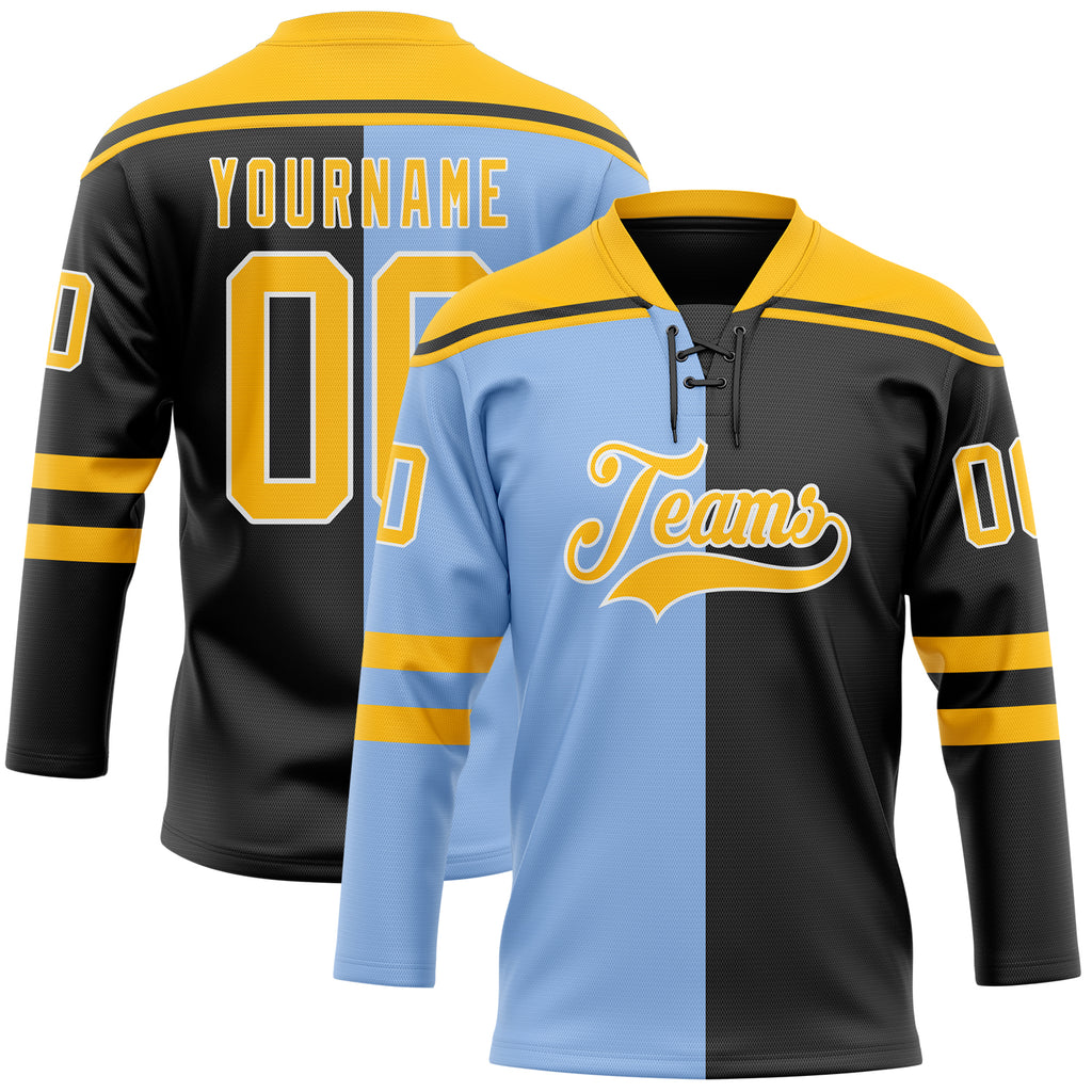 Custom Black Gold Light Blue-White Split Fashion Hockey Lace Neck Jersey