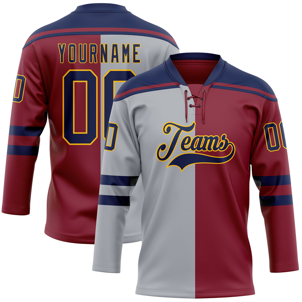 Custom Crimson Navy Gray-Gold Split Fashion Hockey Lace Neck Jersey