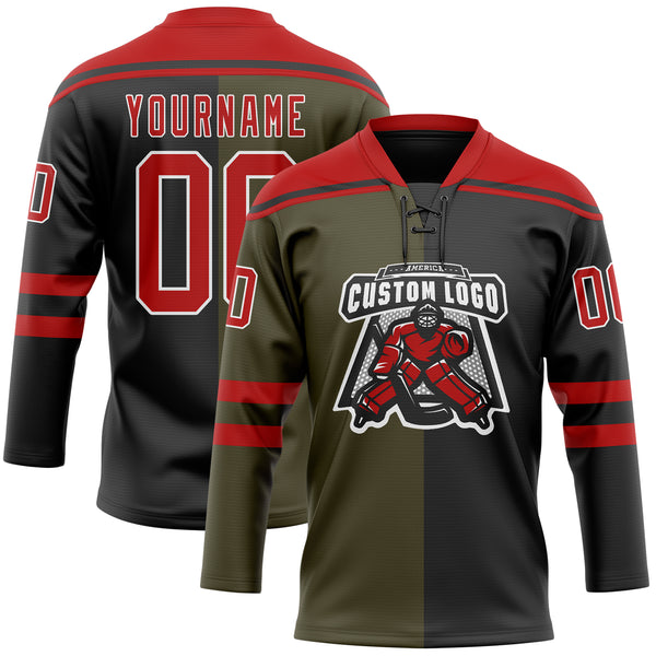 Custom Black Red Olive-White Split Fashion Hockey Lace Neck Jersey