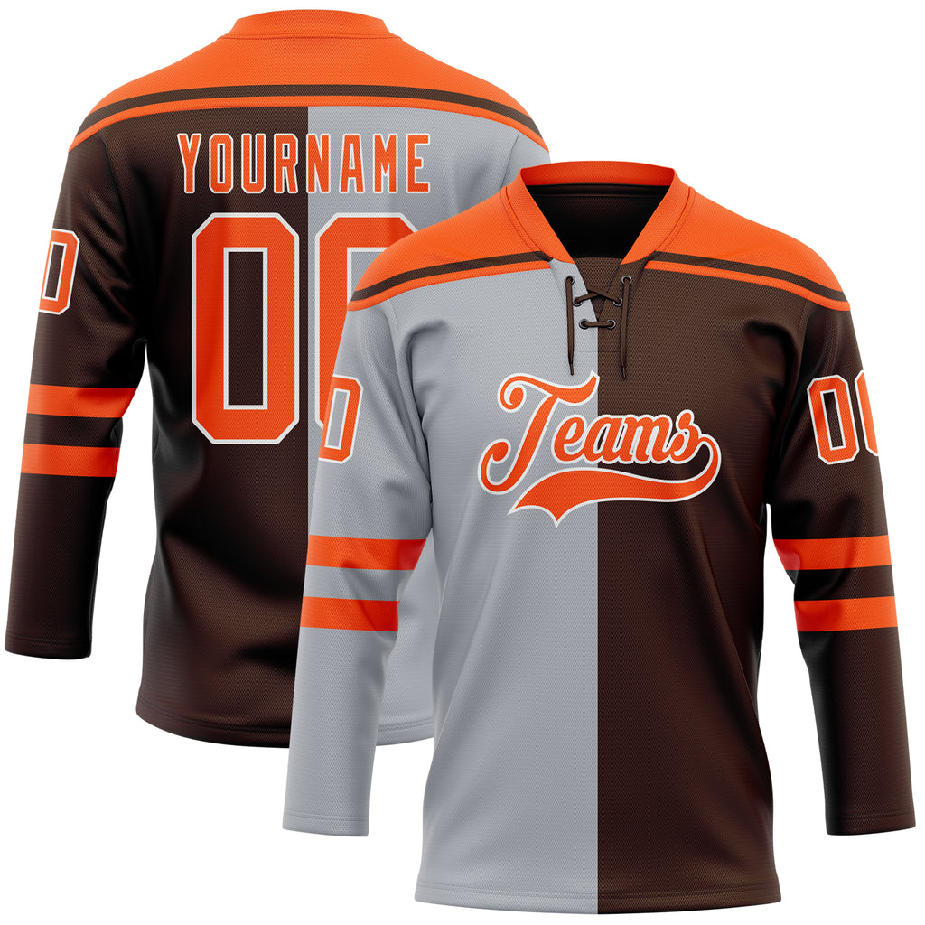 Custom Brown Orange Gray-White Split Fashion Hockey Lace Neck Jersey