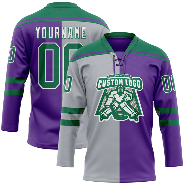 Custom Purple Kelly Green Gray-White Split Fashion Hockey Lace Neck Jersey