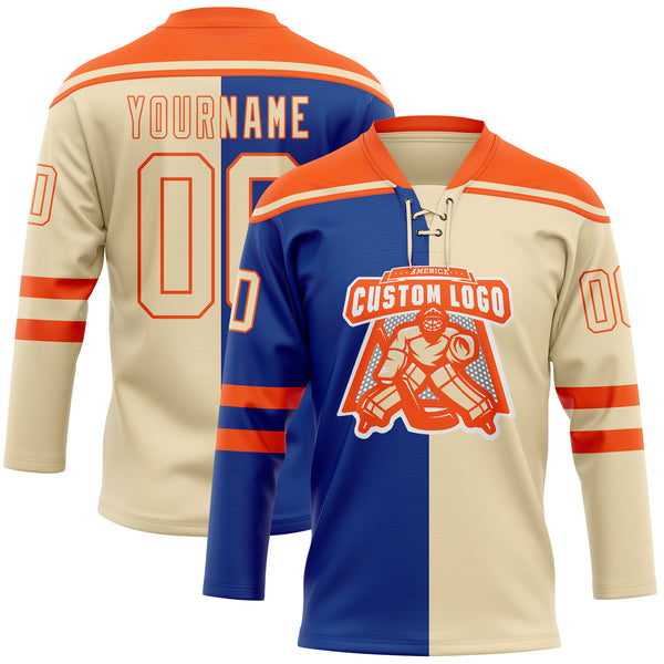 Custom Cream Royal-Orange Split Fashion Hockey Lace Neck Jersey