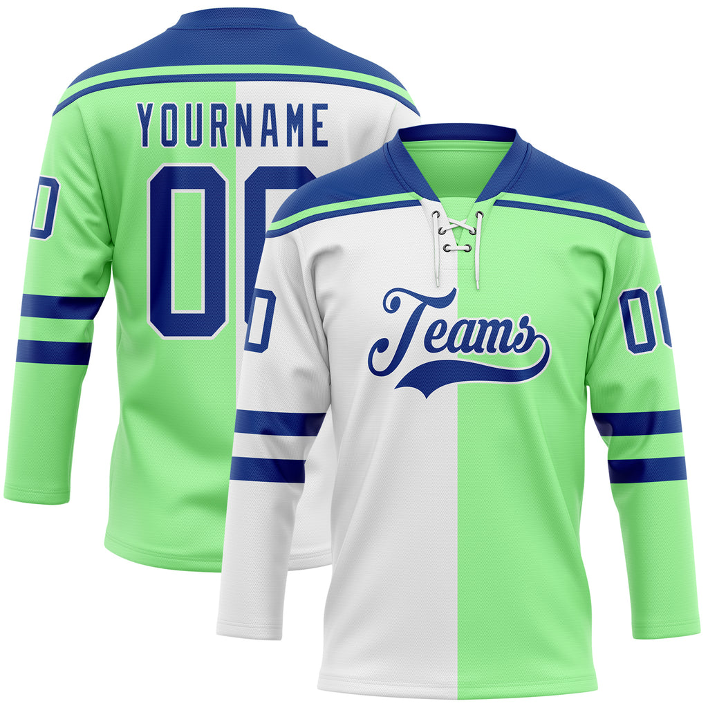 Custom Pea Green Royal-White Split Fashion Hockey Lace Neck Jersey