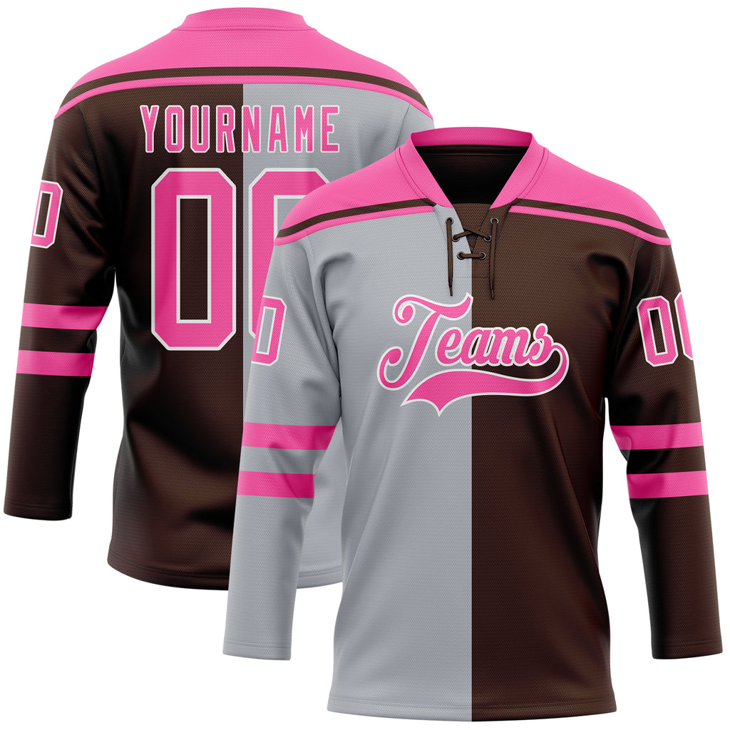 Custom Brown Pink Gray-White Split Fashion Hockey Lace Neck Jersey