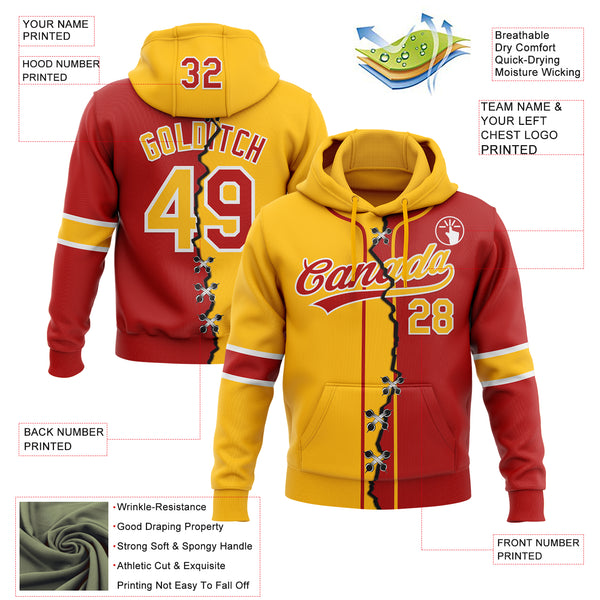 Custom Red Gold-White Split Ripped Pattern Baseball Pullover Sweatshirt Hoodie