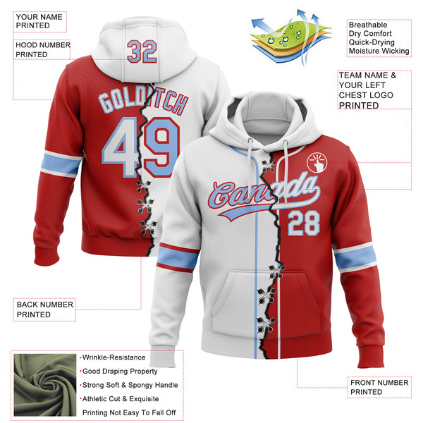 Custom Red White-Light Blue Split Ripped Pattern Baseball Pullover Sweatshirt Hoodie