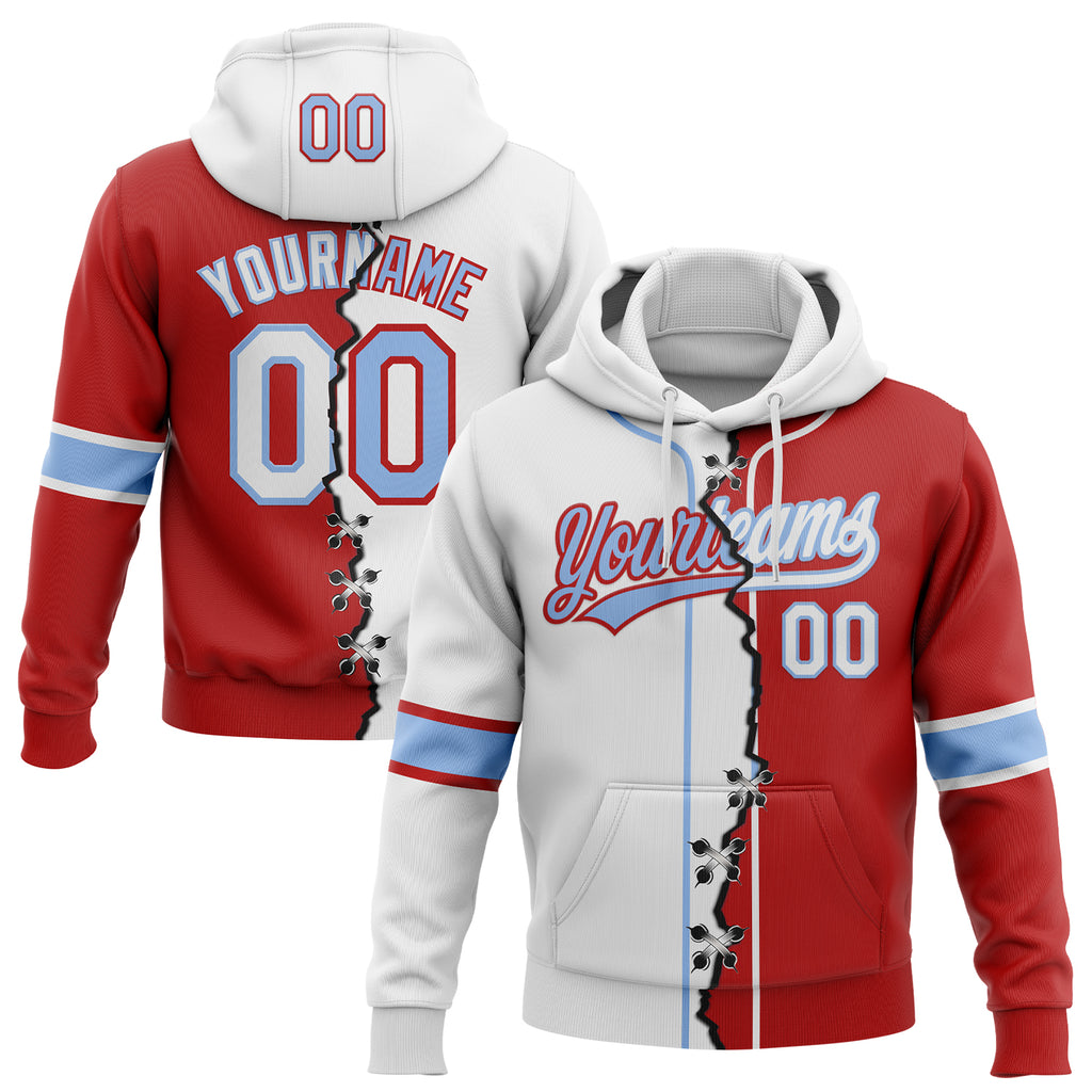 Custom Red White-Light Blue Split Ripped Pattern Baseball Pullover Sweatshirt Hoodie