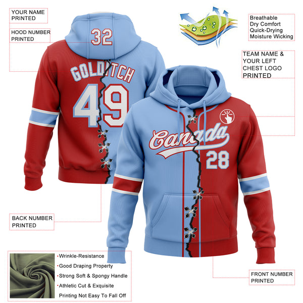 Custom Red White-Light Blue Split Ripped Pattern Baseball Pullover Sweatshirt Hoodie