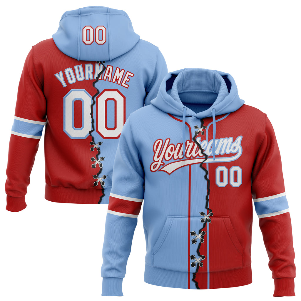 Custom Red White-Light Blue Split Ripped Pattern Baseball Pullover Sweatshirt Hoodie