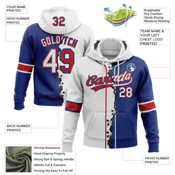 Custom Royal White-Red Split Ripped Pattern Baseball Pullover Sweatshirt Hoodie