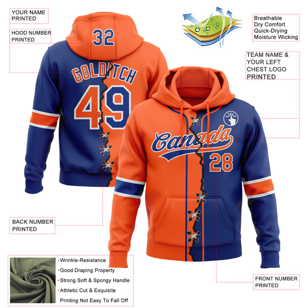 Custom Royal Orange-White Split Ripped Pattern Baseball Pullover Sweatshirt Hoodie