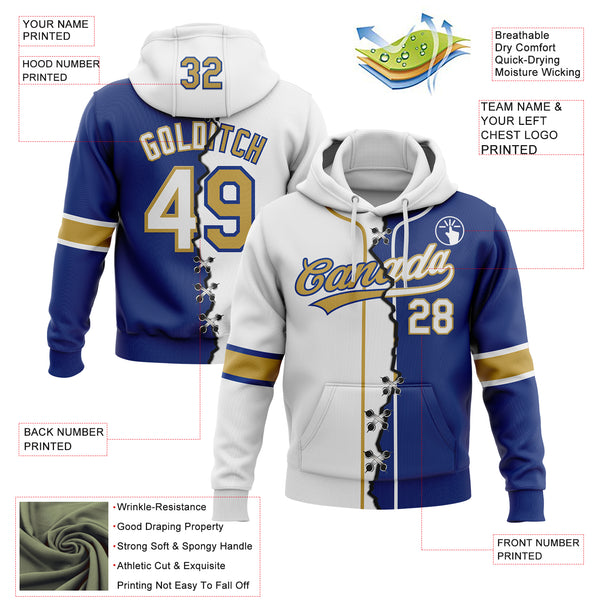 Custom Royal White-Old Gold Split Ripped Pattern Baseball Pullover Sweatshirt Hoodie