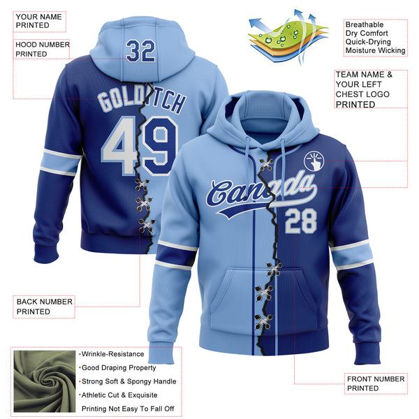 Custom Royal White-Light Blue Split Ripped Pattern Baseball Pullover Sweatshirt Hoodie