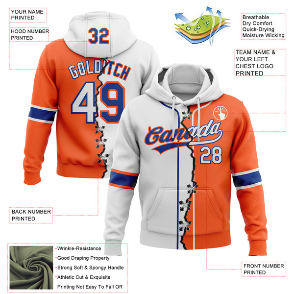 Custom Orange White-Royal Split Ripped Pattern Baseball Pullover Sweatshirt Hoodie