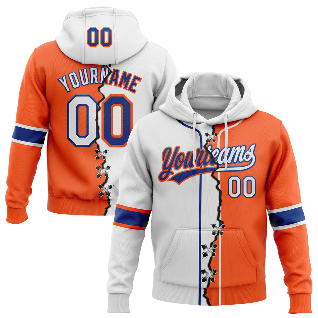 Custom Orange White-Royal Split Ripped Pattern Baseball Pullover Sweatshirt Hoodie