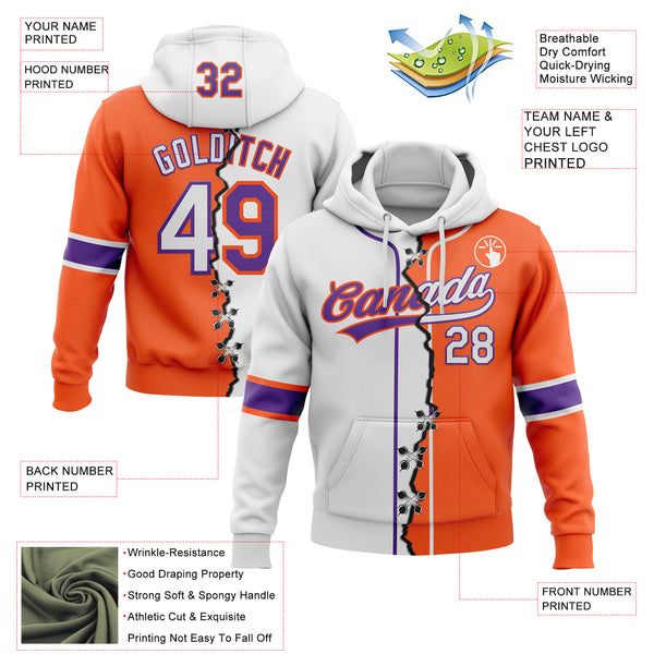 Custom Orange White-Purple Split Ripped Pattern Baseball Pullover Sweatshirt Hoodie