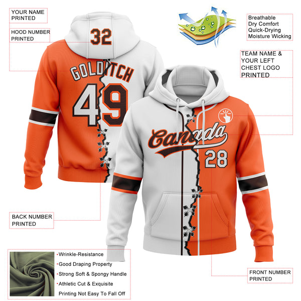 Custom Orange White-Brown Split Ripped Pattern Baseball Pullover Sweatshirt Hoodie
