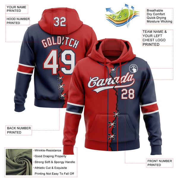 Custom Navy White-Red Split Ripped Pattern Baseball Pullover Sweatshirt Hoodie