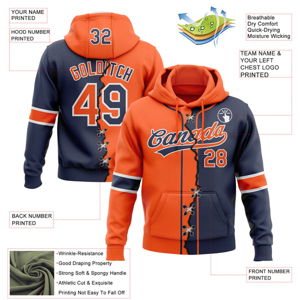 Custom Navy Orange-White Split Ripped Pattern Baseball Pullover Sweatshirt Hoodie