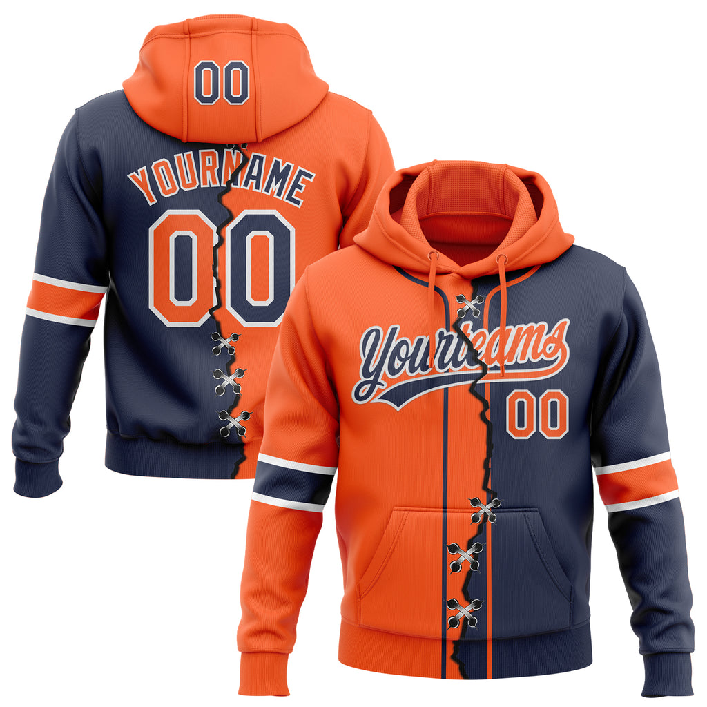 Custom Navy Orange-White Split Ripped Pattern Baseball Pullover Sweatshirt Hoodie